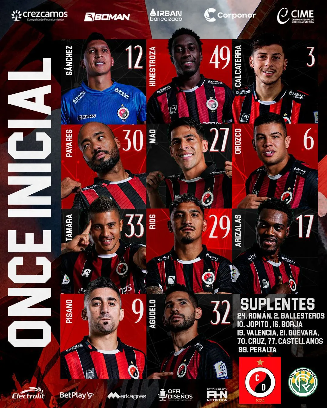 NOMINA INICIAL DEL CUCUTA DEPORTIVO, ANTES DEL PARTIDO